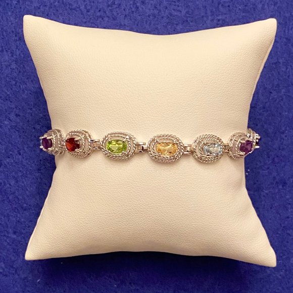 Colorful Multi-Gem & Sterling Silver Bracelet, 7" - Picture 2 of 13